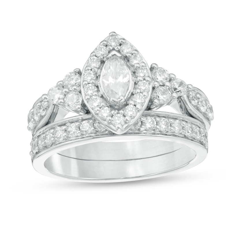 Main Image 1 of 1-1/5 CT. T.W. Marquise Diamond Frame Tri-Sides Bridal Set in 10K White Gold