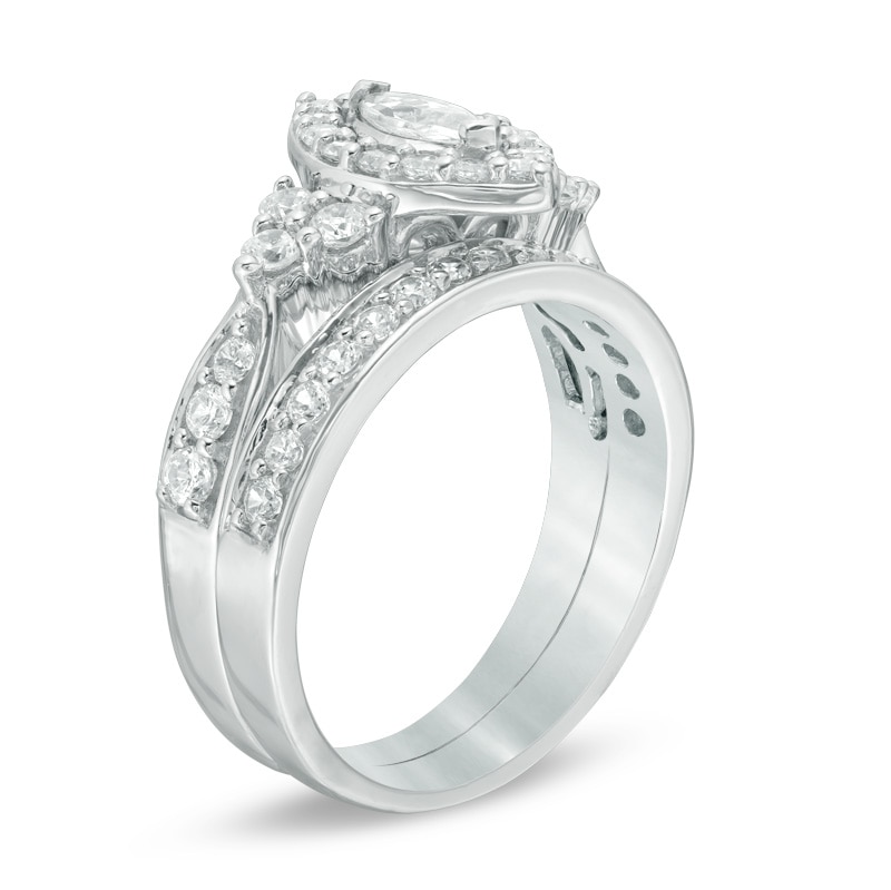 Main Image 2 of 1-1/5 CT. T.W. Marquise Diamond Frame Tri-Sides Bridal Set in 10K White Gold