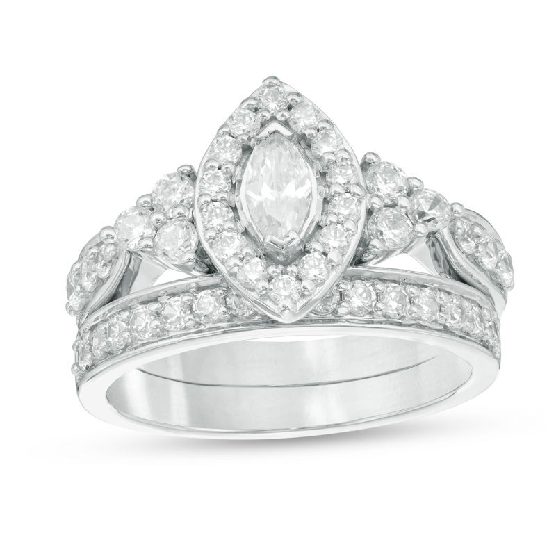 1-1/5 CT. T.W. Marquise Diamond Frame Tri-Sides Bridal Set in 10K White Gold