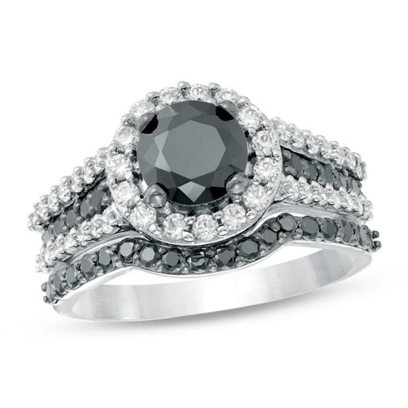 2 CT. T.W. Enhanced Black and White Diamond Frame Multi-Row Bridal Set in 14K White Gold