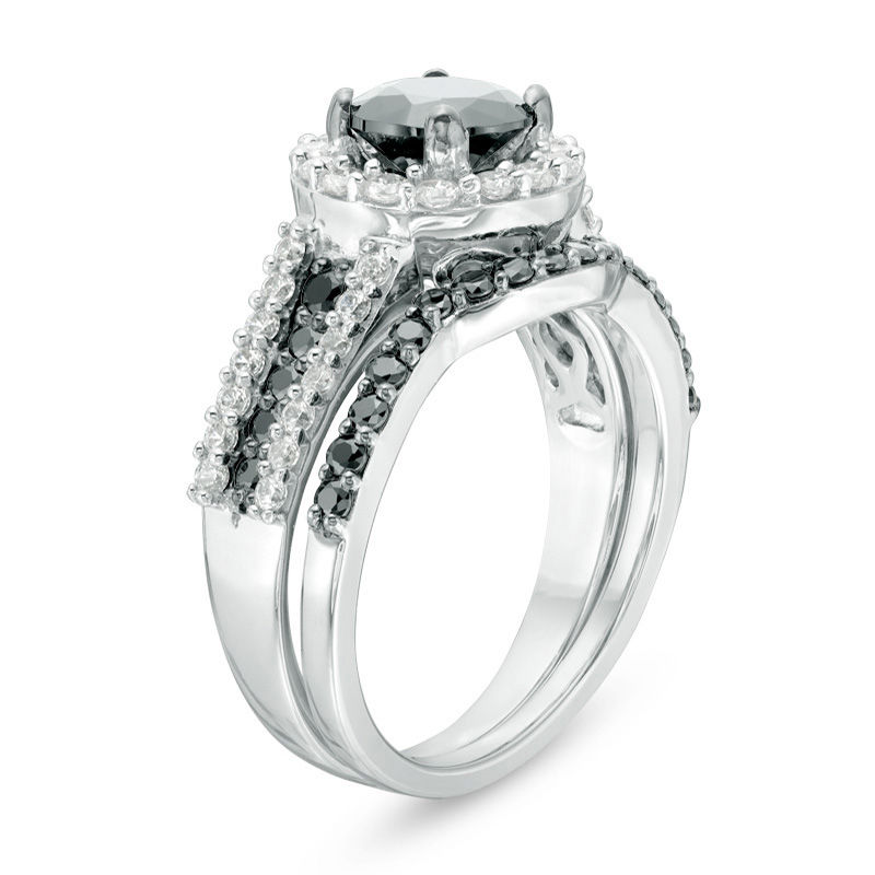 2 CT. T.W. Enhanced Black and White Diamond Frame Multi-Row Bridal Set in 14K White Gold