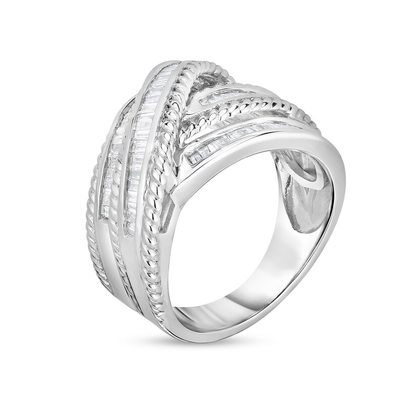 Main Image 2 of 1/2 CT. T.W. Baguette Diamond Rope-Textured Multi-Row Bypass Ring in 14K White Gold