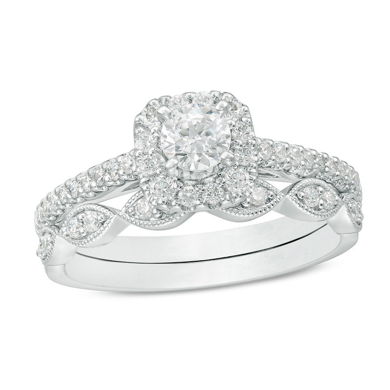 Main Image 1 of 3/4 CT. T.W. Diamond Cushion Frame Vintage-Inspired Bridal Set in 10K White Gold