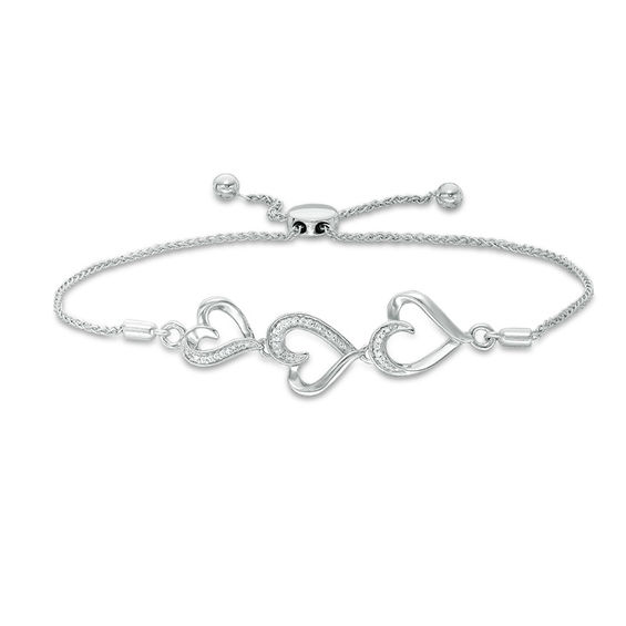1 20 Ct T W Diamond Triple Heart Bolo Bracelet In Sterling Silver T W Diamond Triple Heart Bolo Bracelet In Sterling Silver 9 5