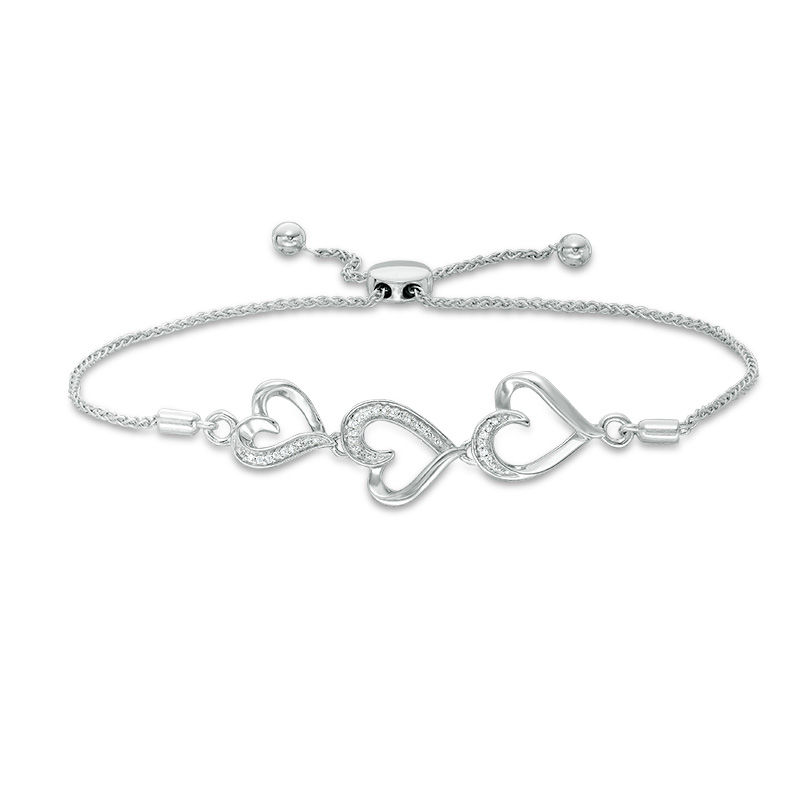 Main Image 1 of 1/20 CT. T.W. Diamond Triple Heart Bolo Bracelet in Sterling Silver - 9.5"