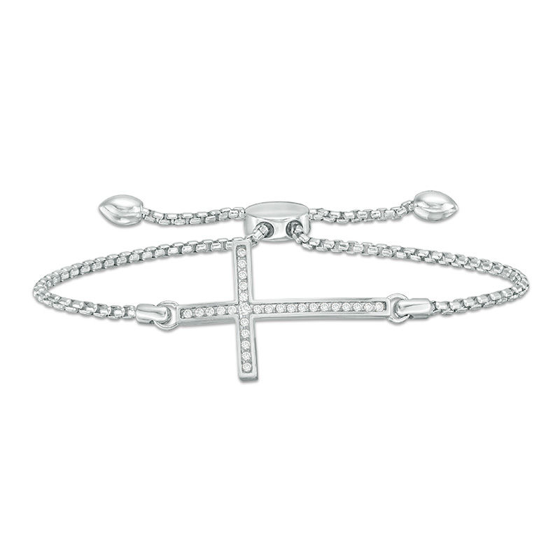 Main Image 1 of 1/4 CT. T.W. Diamond Sideways Cross Bolo Bracelet in Sterling Silver - 8.0"