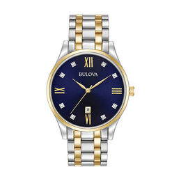 Men's Bulova Diamond Accent Two-Tone Watch with Blue Dial (Model: 98D130)