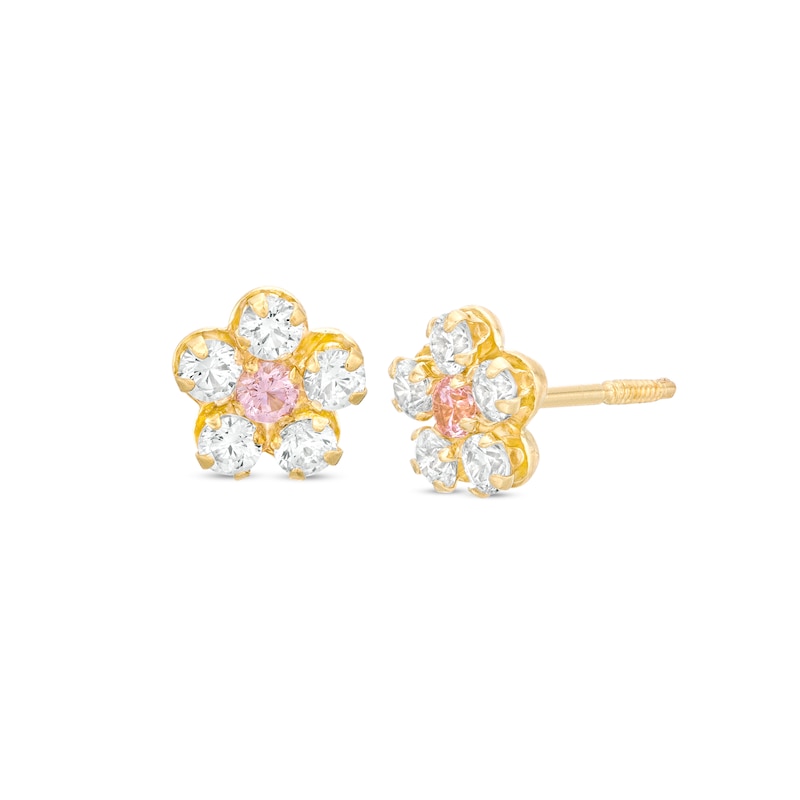 Main Image 1 of Child's Pink and White Cubic Zirconia Flower Stud Earrings in 14K Gold