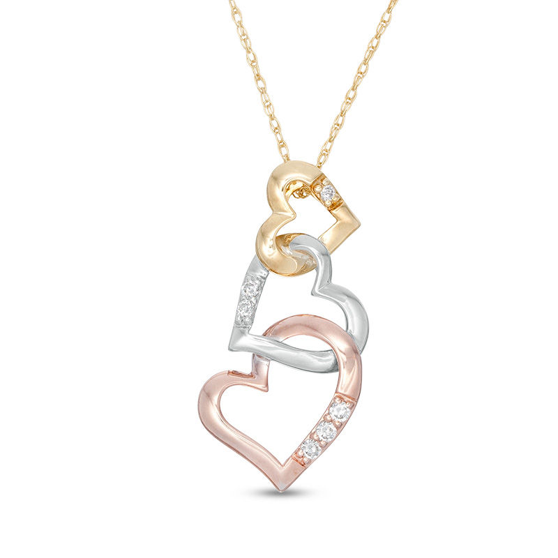 Main Image 1 of 1/15 CT. T.W. Diamond Linear Alternating Triple Heart Pendant in 10K Tri-Tone Gold