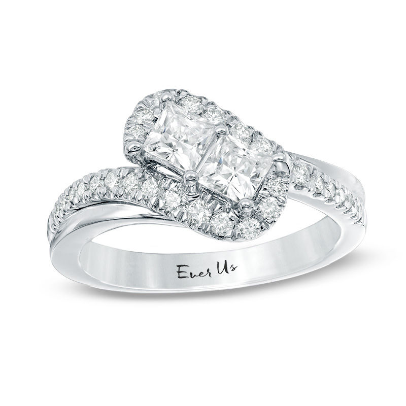 Ever Us® 1 CT. T.W. Princess-Cut Two-Stone Diamond Tilted Bypass Frame Ring in 14K White Gold