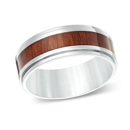 Men's 8.0mm Comfort Fit Wood Grain Inlay Wedding Band in Stainless Steel