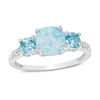 Thumbnail Image 0 of Cushion-Cut Blue Topaz, Lab-Created Blue Opal and White Sapphire Three Stone Ring in Sterling Silver