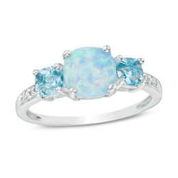 Cushion-Cut Blue Topaz, Lab-Created Blue Opal and White Sapphire Three Stone Ring in Sterling Silver