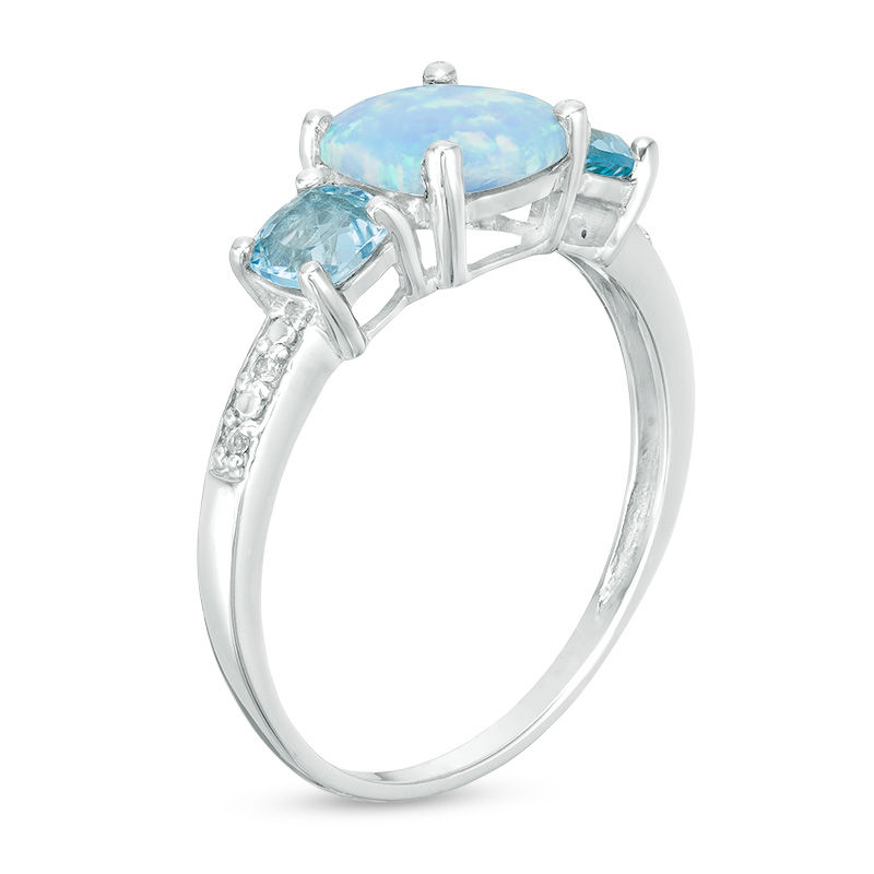 Cushion-Cut Blue Topaz, Lab-Created Blue Opal and White Sapphire Three Stone Ring in Sterling Silver