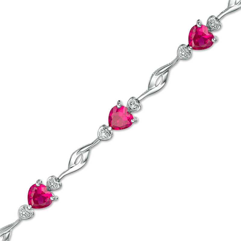 Main Image 1 of 5.0mm Heart-Shaped Lab-Created Ruby and Diamond Accent Bypass Link Bracelet in Sterling Silver - 7.25"