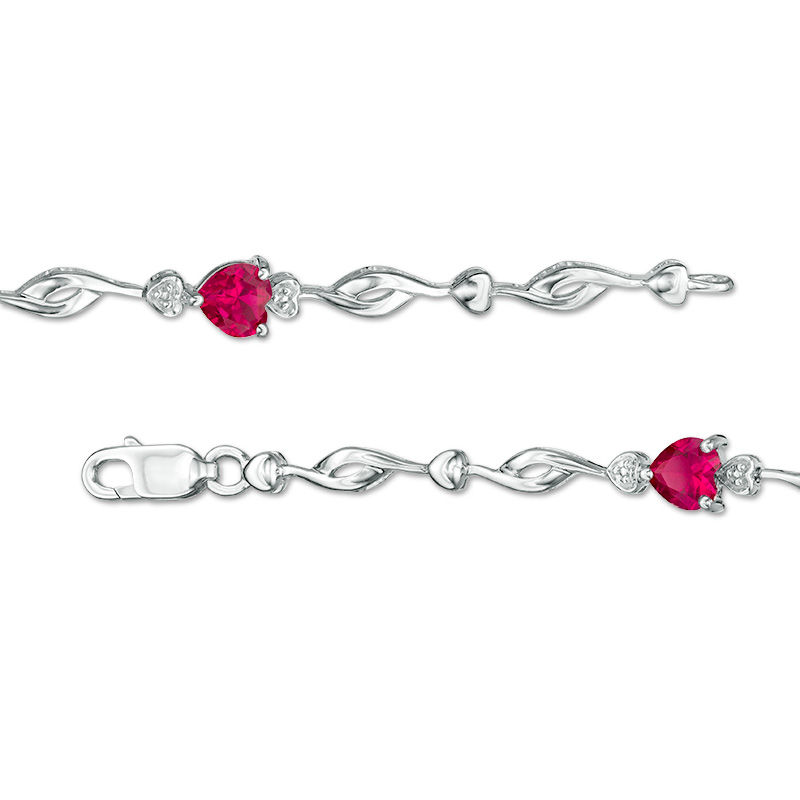 5.0mm Heart-Shaped Lab-Created Ruby and Diamond Accent Bypass Link Bracelet in Sterling Silver - 7.25"