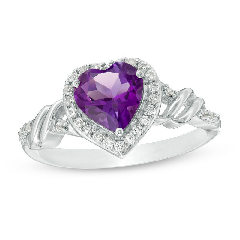 Main Image 1 of 7.0mm Heart-Shaped Lab-Created Amethyst and White Sapphire Frame Twist Shank Ring in Sterling Silver
