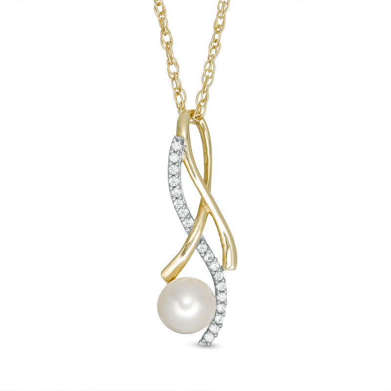 6.0mm Button Cultured Freshwater Pearl and Lab-Created White Sapphire Looping Ribbon Pendant in 10K Gold