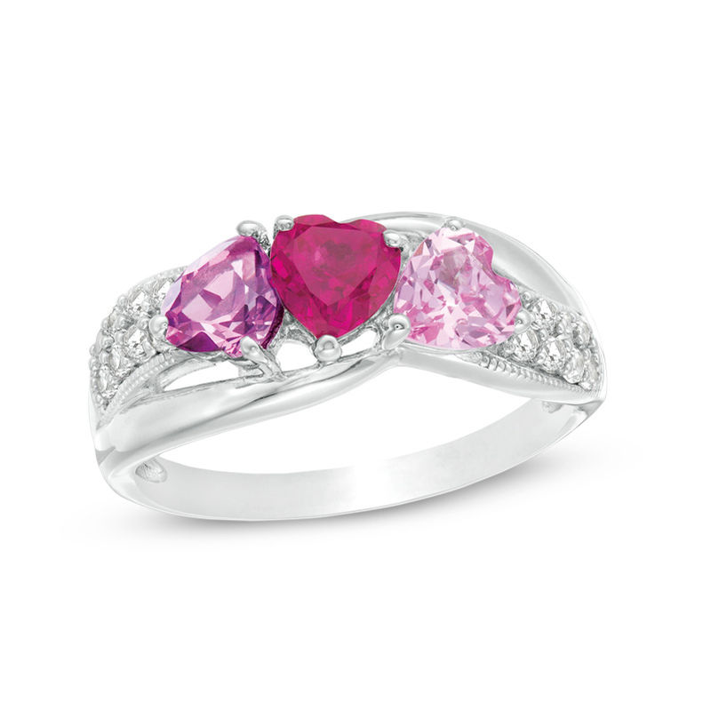 Heart-Shaped Lab-Created Multi-Gemstone and White Sapphire Three Stone Bypass Ring in Sterling Silver