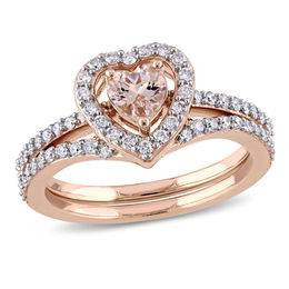 5.0mm Heart-Shaped Morganite and 1/2 CT. T.W. Diamond Frame Bridal Set in 10K Rose Gold