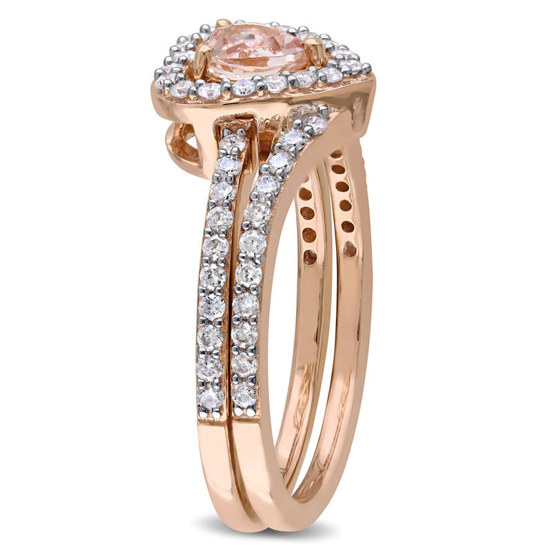 5.0mm Heart-Shaped Morganite and 1/2 CT. T.W. Diamond Frame Bridal Set in 10K Rose Gold