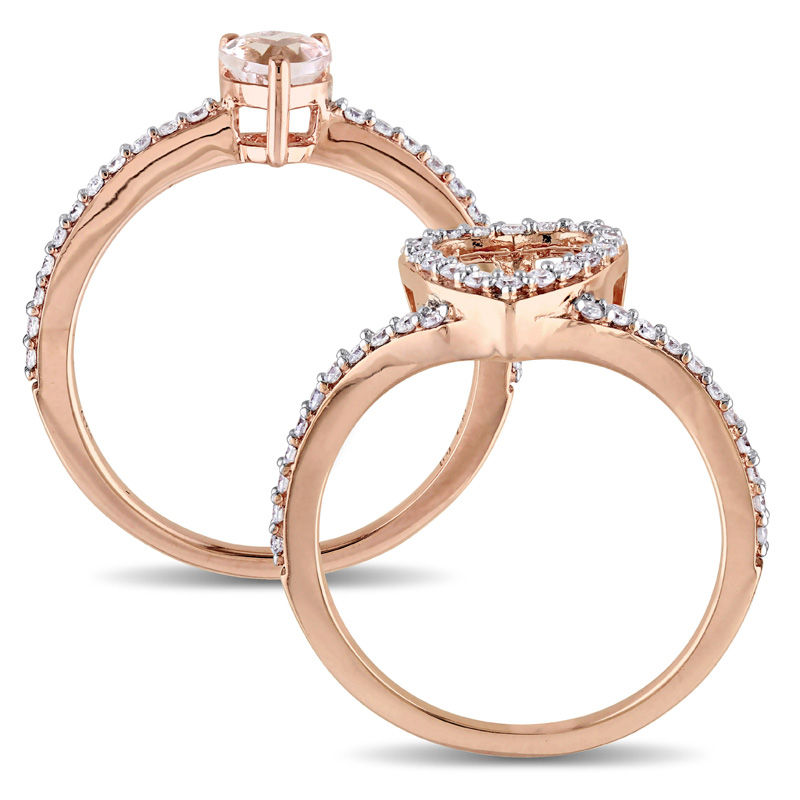 5.0mm Heart-Shaped Morganite and 1/2 CT. T.W. Diamond Frame Bridal Set in 10K Rose Gold