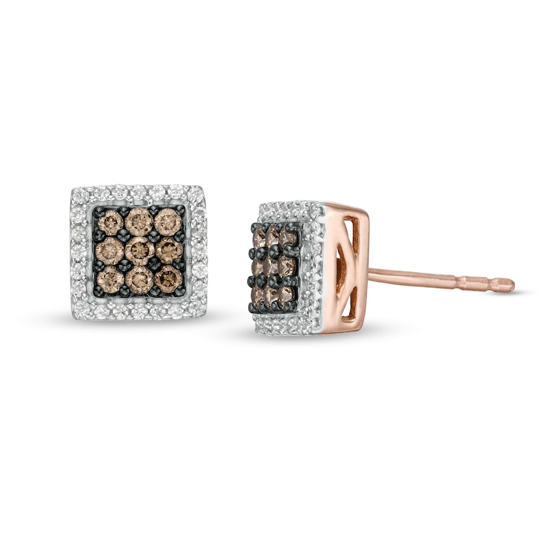 1/3 CT. T.W. Composite Champagne and White Diamond Square Frame Stud Earrings in 10K Rose Gold