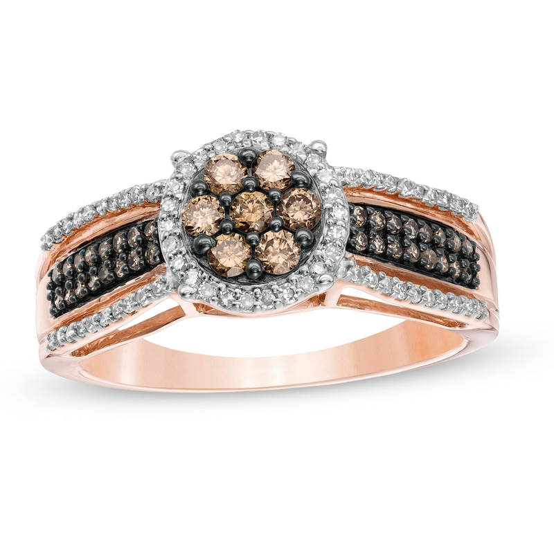 1/2 CT. T.W. Composite Champagne and White Diamond Frame Ring in 10K Rose Gold