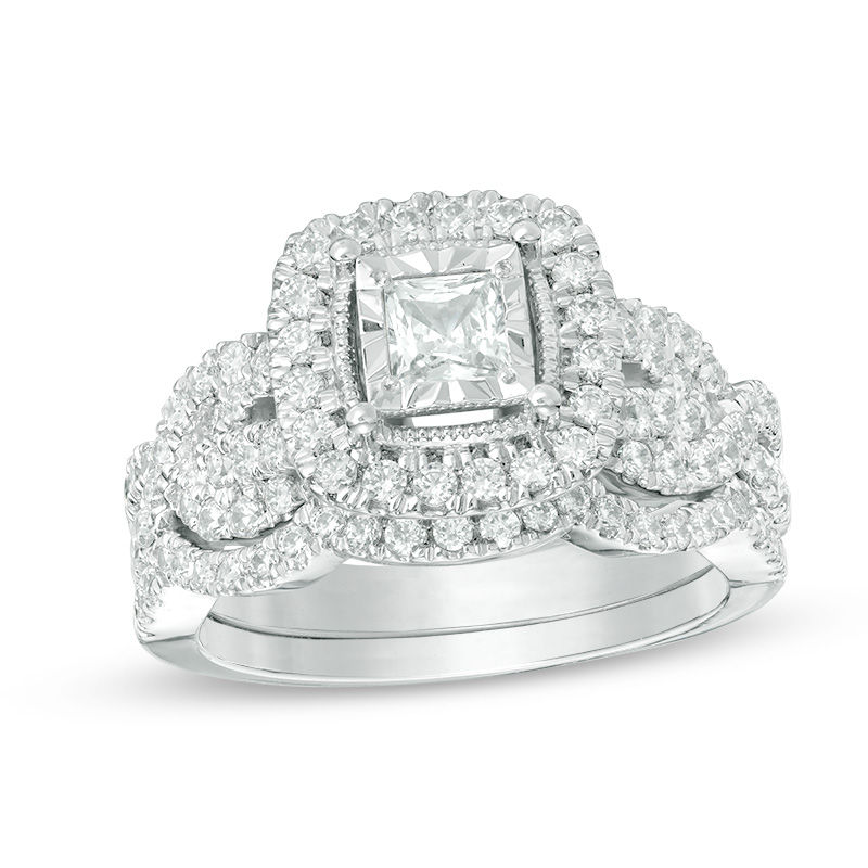 Main Image 1 of 1-1/2 CT. T.W. Princess-Cut Diamond Frame Vintage-Style Twist Bridal Set in 14K White Gold