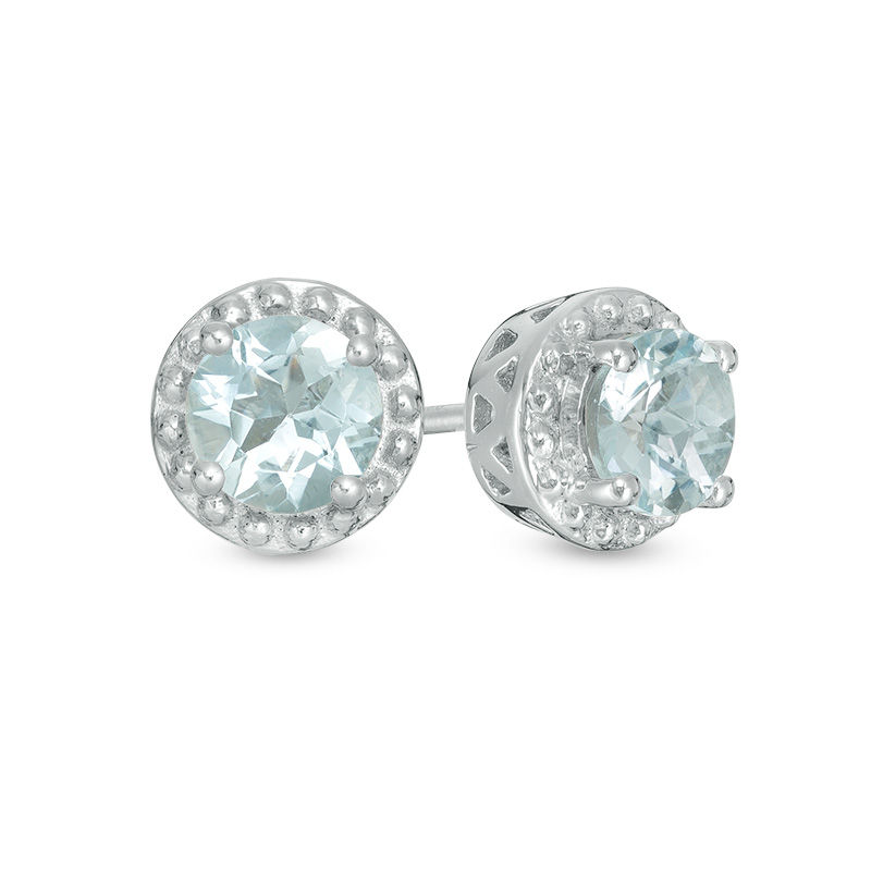 Main Image 1 of 5.0mm Aquamarine Beaded Frame Stud Earrings in Sterling Silver