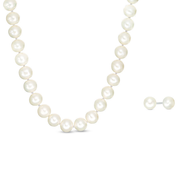 6.0 - 7.0mm Button Cultured Freshwater Pearl Strand Necklace and Earrings Set with a Sterling Silver Clasp