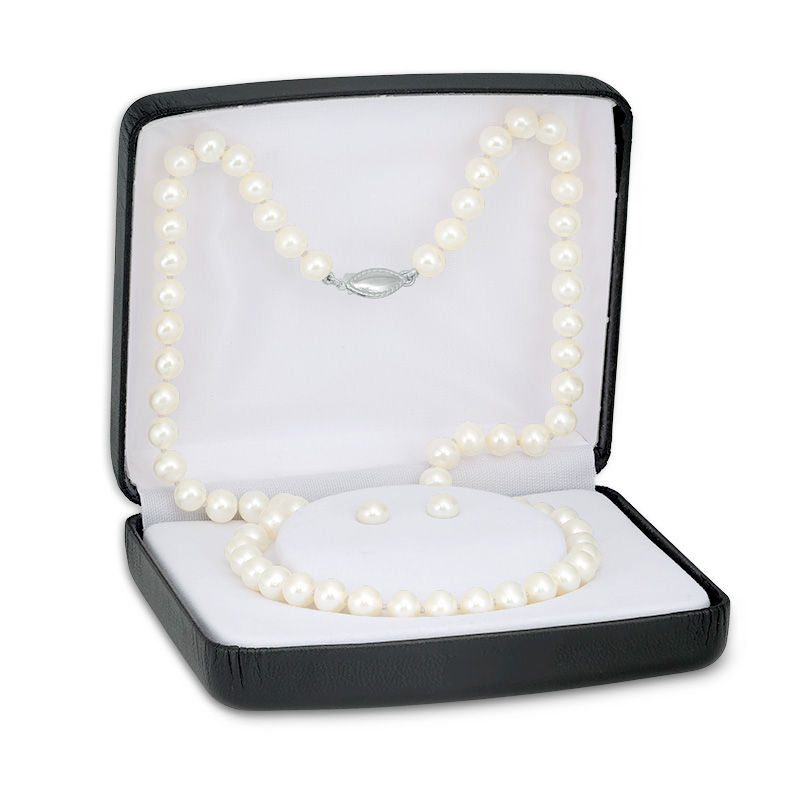 6.0 - 7.0mm Button Cultured Freshwater Pearl Strand Necklace and Earrings Set with a Sterling Silver Clasp