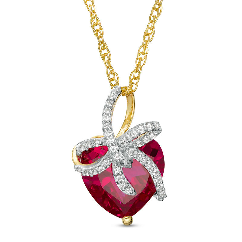 Main Image 1 of 12.0mm Lab-Created Ruby and White Sapphire Bow Wrapped Heart Pendant in Sterling Silver with 14K Gold Plate