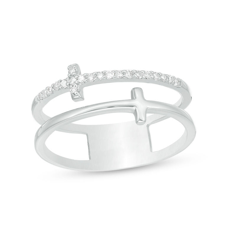 Main Image 1 of 1/10 CT. T.W. Diamond Double Sideways Cross Split Ring in Sterling Silver
