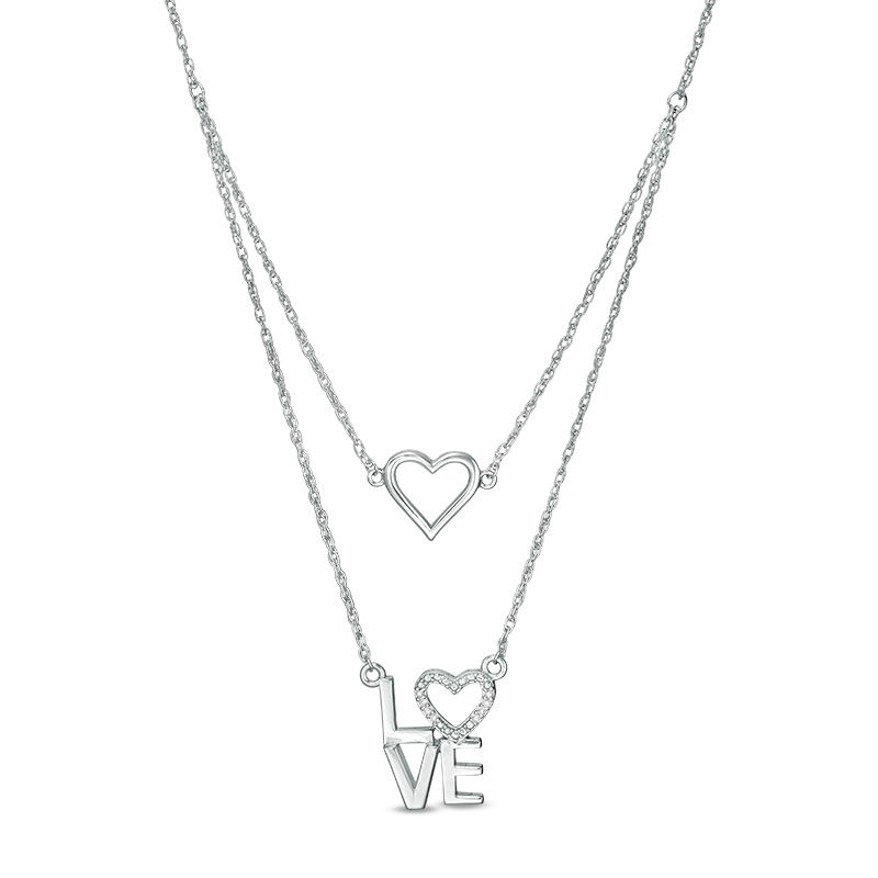Main Image 1 of 1/20 CT. T.W. Diamond Double Strand "LOVE" with Heart Necklace in Sterling Silver - 17.5"