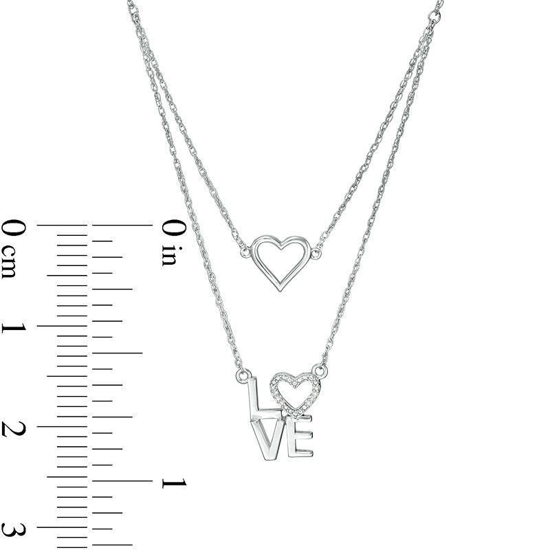 Main Image 2 of 1/20 CT. T.W. Diamond Double Strand "LOVE" with Heart Necklace in Sterling Silver - 17.5"