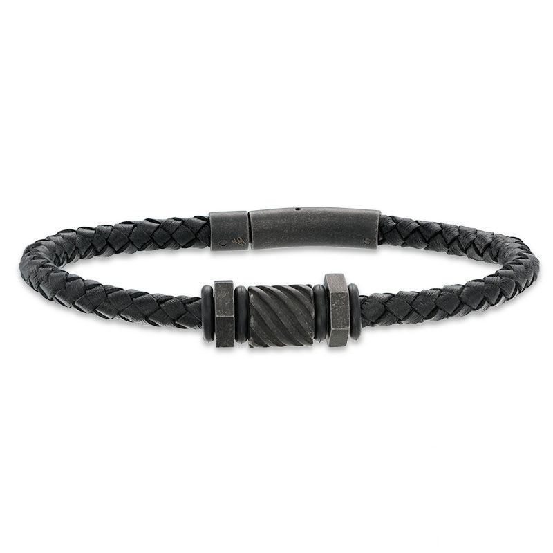 Men's Black IP Stainless Steel Bead and Black Woven Leather Bracelet - 8.5"
