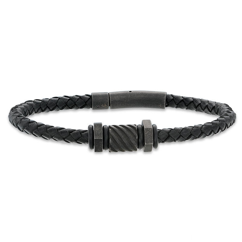 Main Image 1 of Men's Black IP Stainless Steel Bead and Black Woven Leather Bracelet - 8.5"