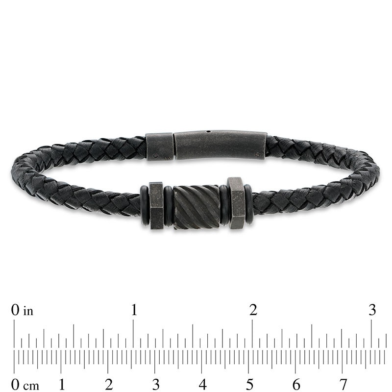 Main Image 3 of Men's Black IP Stainless Steel Bead and Black Woven Leather Bracelet - 8.5"