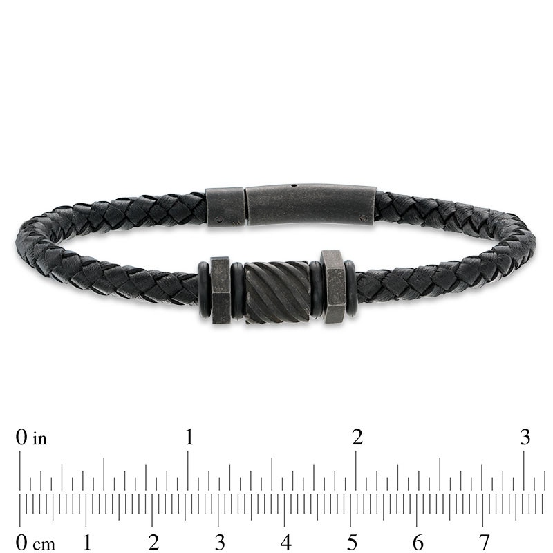 Men's Black IP Stainless Steel Bead and Black Woven Leather Bracelet - 8.5"