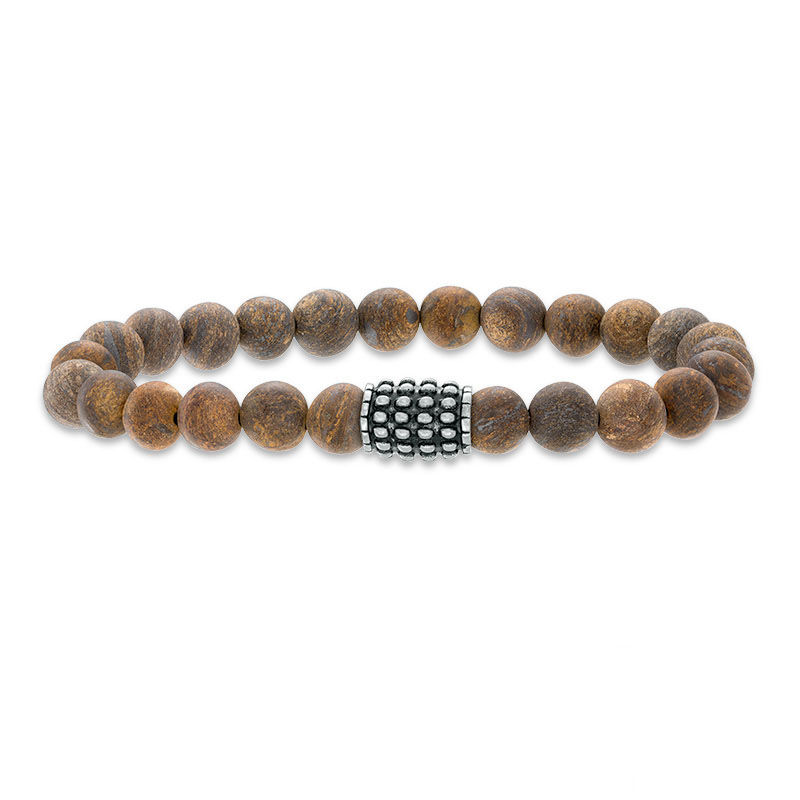 Men's 8.0mm Bronzite Stretch Bracelet with Stainless Steel Bead - 8.5"