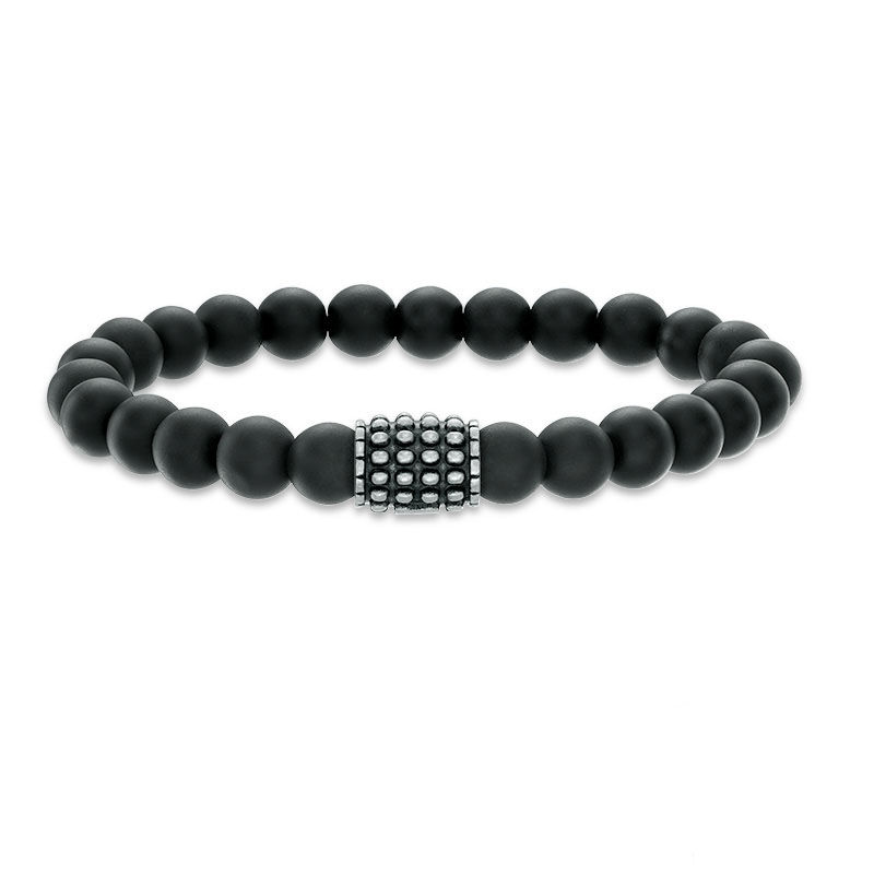Main Image 1 of 8.0mm Onyx Stretch Bracelet with Stainless Steel Bead - 8.5"