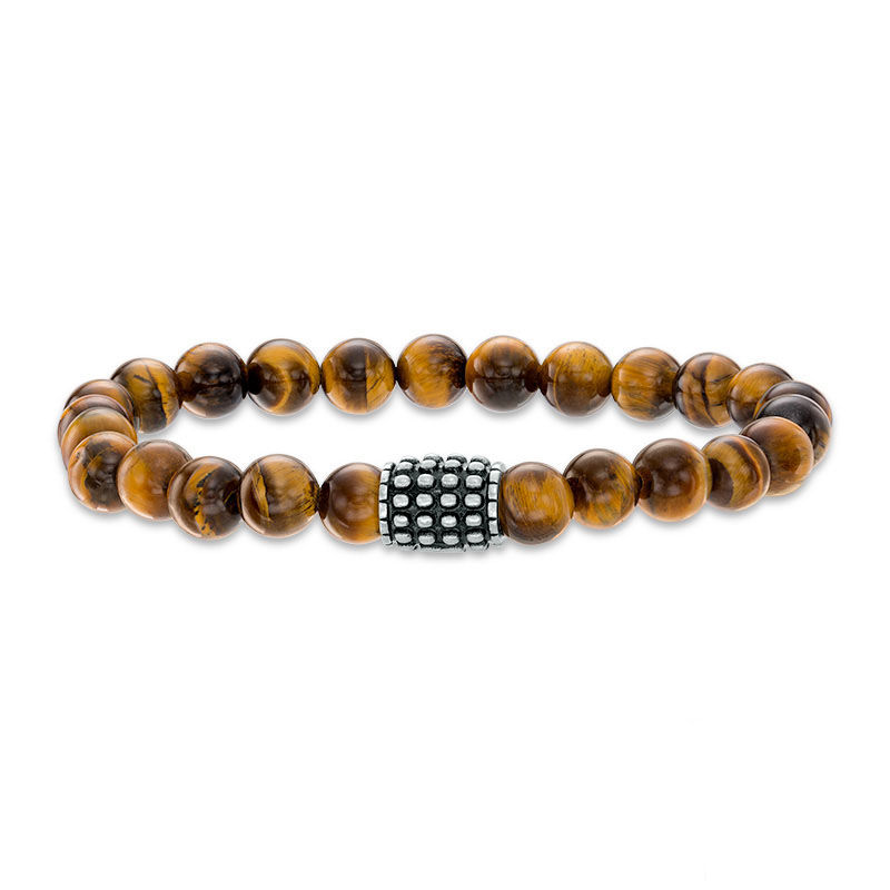 Main Image 1 of 8.0mm Tiger's Eye Stretch Bracelet with Stainless Steel Bead - 8.5"