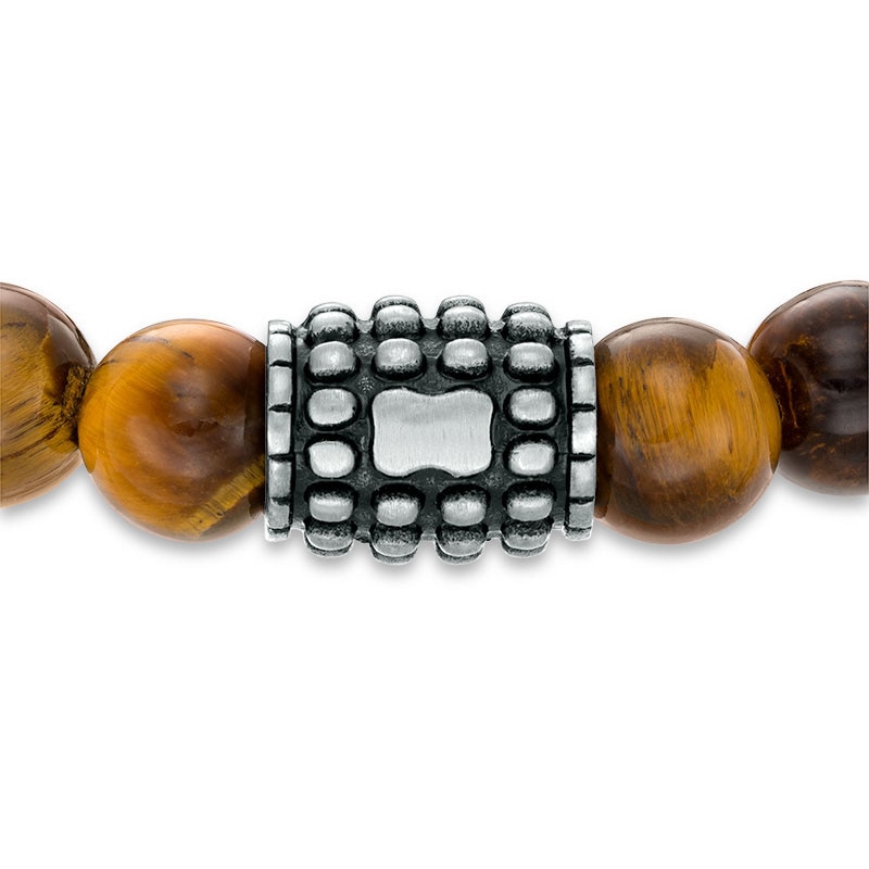 Main Image 2 of 8.0mm Tiger's Eye Stretch Bracelet with Stainless Steel Bead - 8.5"