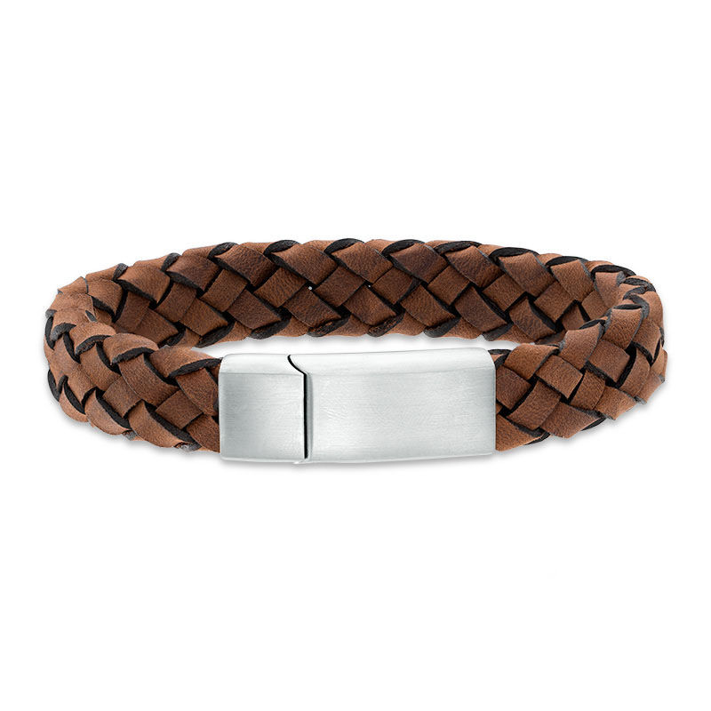Main Image 1 of Woven Leather Bracelet with Stainless Steel Clasp - 8.5"