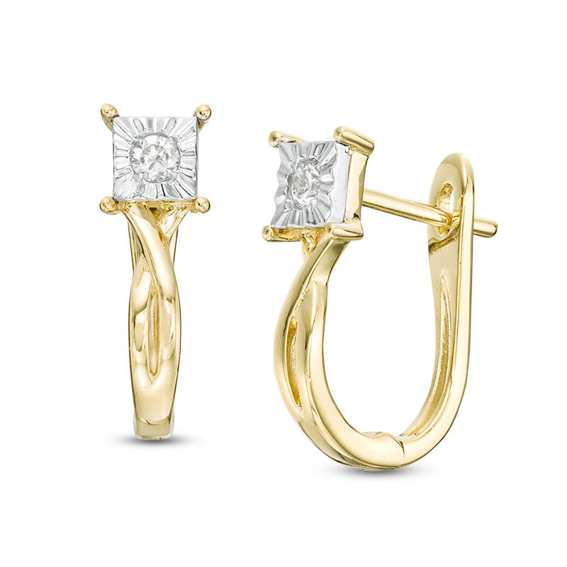 1/10 CT. T.W. Diamond Solitaire Square Frame Twist Hoop Earrings in 10K Gold
