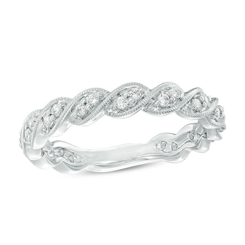 Main Image 1 of 1/4 CT. T.W. Diamond Twist Vintage-Style Stackable Band in 14K White Gold