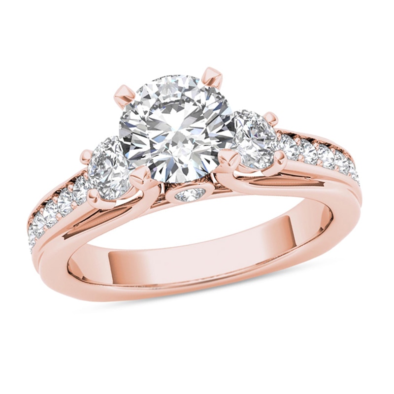 2 CT. T.W. Diamond Three Stone Squared Edge Engagement Ring in 14K Rose ...