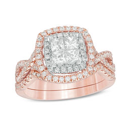 1 CT. T.W. Quad Princess-Cut Diamond Double Frame Twist Bridal Set in 14K Two-Tone Gold