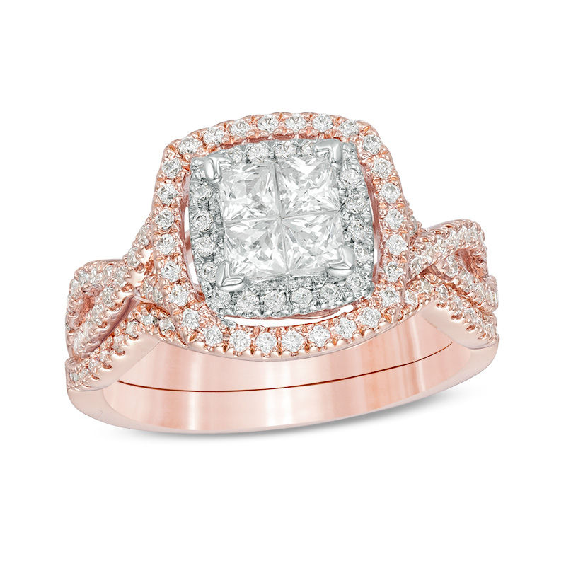 Main Image 1 of 1 CT. T.W. Quad Princess-Cut Diamond Double Frame Twist Bridal Set in 14K Two-Tone Gold
